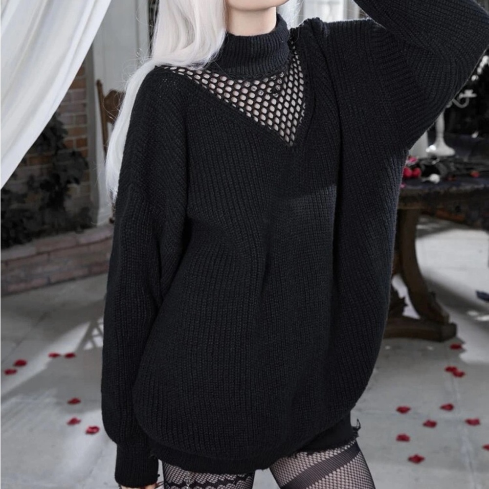 Black Knit Turtleneck Mesh V Neck Sweater